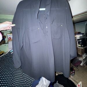 Black Button-Front Blouse with Chest Pockets